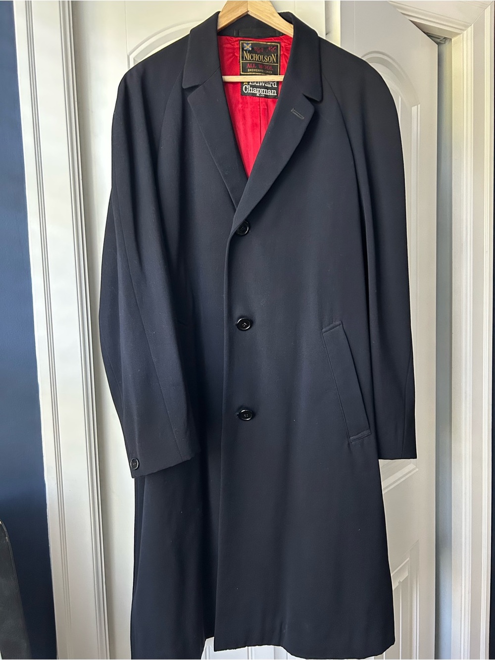 Men’s Black Vintage Wool Edward Chapman Overcoat with Red Lining Size L